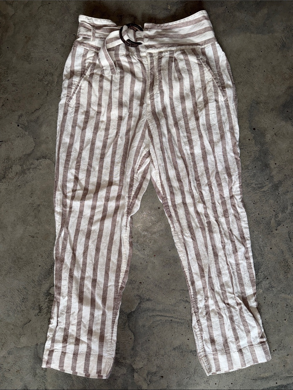 Anthropologie Cream & Tan Striped Linen-Blend Trousers